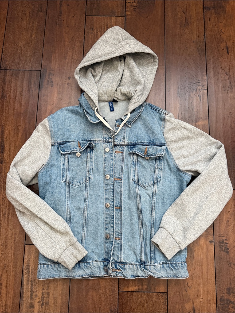 H&M- Men's Hooded Denim Jacket with Gray Sleeves - Light Blue/Gray
